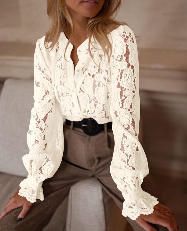 Women's Dressy Casual Lace Blouse Long Sleeve Button Up Shirts Tops Spring Fall Fashion Clothes