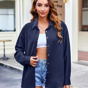 Womens Long Sleeve Button Down Shirts Oversized Collared Drop Shoulder Work Tops Textured Loose Blouse S-XXXL