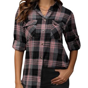 Flannel Shirt Women Plaid Shirts Button Down Long Sleeve Oversized Cotton Boyfriend Casual Roll Up Blouse Tops
