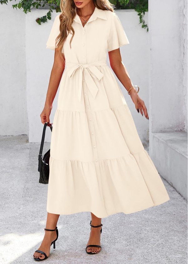 Summer Button Down Wedding Guest Shirt Dresses for Women Maxi Flutter Short Sleeve Flowy Tiered Beach Sun Dress