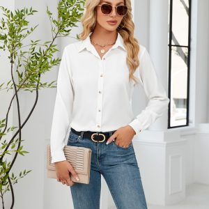 Linen Shirts for Women Button Down Shirts Wrinkle Free Long Sleeve Dress Shirts Cotton Work Office Blouse Tops