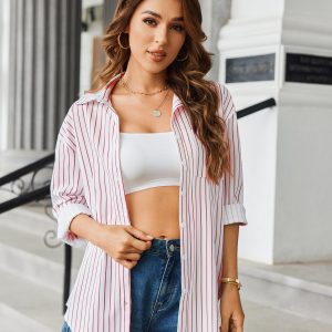 Women Oversized Button Down Shirts Office Drop Shoulder Blouse Long Sleeve Boyfriend Dress Shirt with Pockets