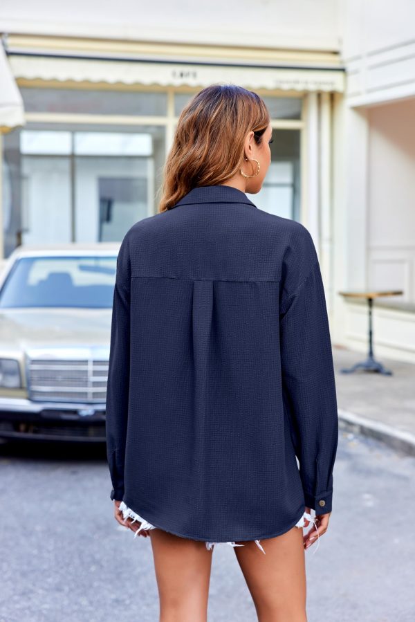 Womens Long Sleeve Button Down Shirts Oversized Collared Drop Shoulder Work Tops Textured Loose Blouse S-XXXL