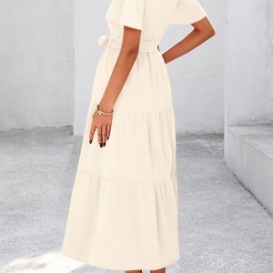 Summer Button Down Wedding Guest Shirt Dresses for Women Maxi Flutter Short Sleeve Flowy Tiered Beach Sun Dress