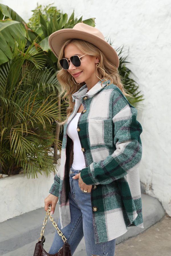 Women's Brushed Plaid Shirts Long Sleeve Flannel Lapel Button Down Cardigan Boyfriend Shacket Jacket Coats