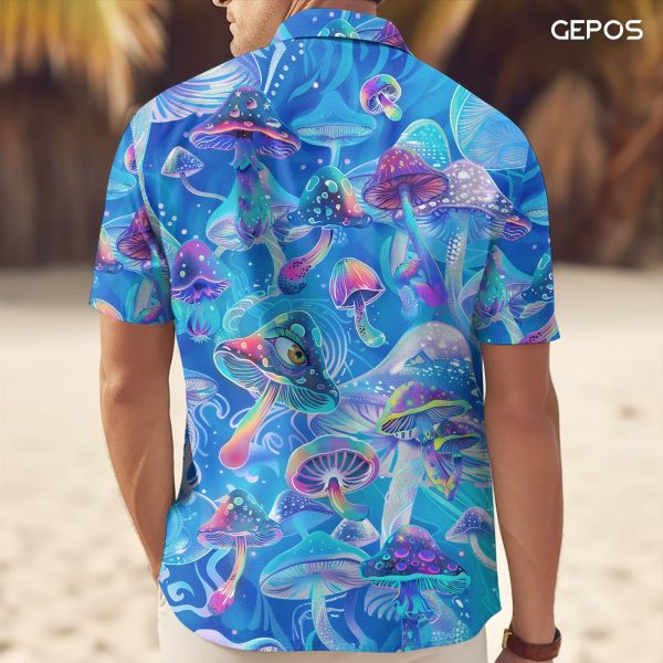 Mystical Mushroom Casual Hawaiian Shirt, Summer Mushroom Print Button Shirt, Birthday Gifts