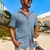 Mens Button Down Short Sleeve Shirt Casual Beach Shirt Summer Vacation Textured Shirts