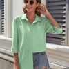 Womens Button Down Shirt Basic Work Office Drop Shoulder Blouse Casual Loose Long Sleeve Tops with Pocket