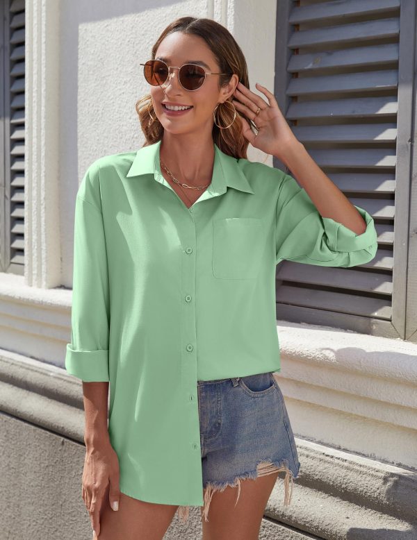 Womens Button Down Shirt Basic Work Office Drop Shoulder Blouse Casual Loose Long Sleeve Tops with Pocket