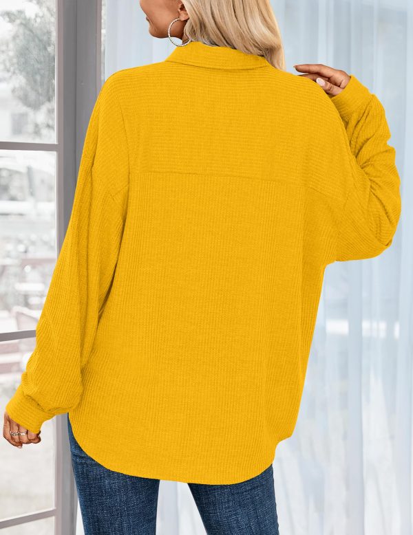 Waffle Knit Button Down Shirts for Women Dressy Casual Work Tops Long Sleeve Loose Fit Shacket with Pocket
