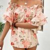 Women's Floral Print Blouse Off Shoulder Ruffle Trim Half Sleeve Summer Tops