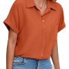 Womens Button Down Shirt Casual Short Sleeve Collared Work Blouse with Pocket