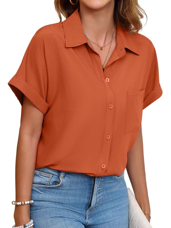 Womens Button Down Shirt Casual Short Sleeve Collared Work Blouse with Pocket