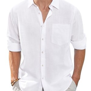 Men's Linen Shirts Casual Button Down Long Sleeve Shirt Solid Spread Collar Summer Beach Shirts with Pocket
