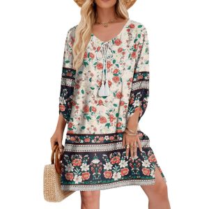 QIGUAND Vintage Boho Casual T-Shirt Dress Women Summer Drawstring V Neck 3/4 Sleeve Beach Dresses Ethnic Style Tunic Dress