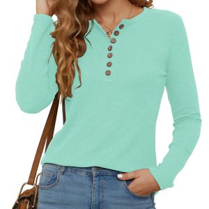 Women's Waffle Knit Tops Casual Long Sleeve Blouses Slim Fit Button Down V Neck Henley Shirt
