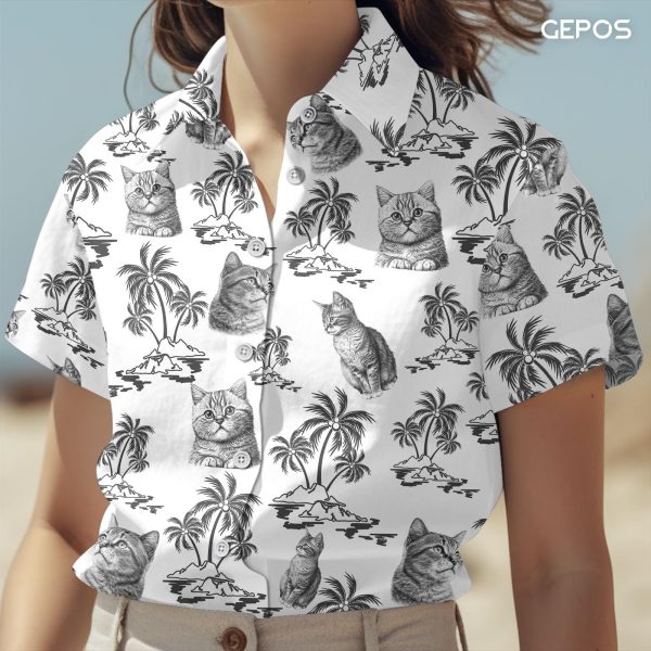 Cute Cat Print Hawaiian Shirt, Vintage Cat Short Sleeve Button Shirt, Summer Gifts, Birthday Gifts