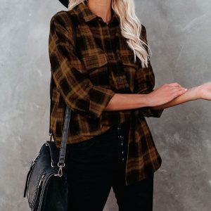Oversized Flannel Shirt Women Long Sleeve Plaid Button Buffalo Shirt Blouse Tops with One Pocket