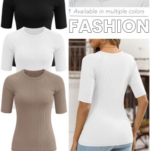 3 Pack Women's Half Sleeve Cotton Ribbed Shirts, Slim Fit Crew Neck Tops Basic Layer Solid Color Summer Work Tees
