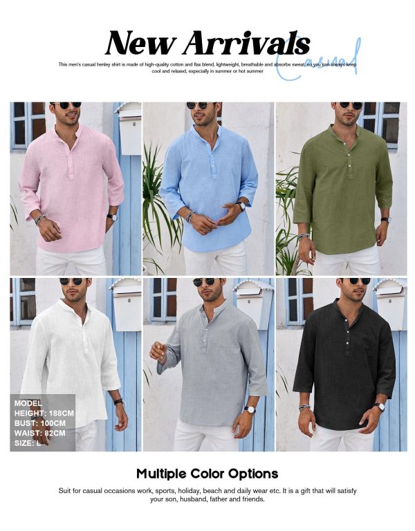 Mens Linen Shirts Casual Cotton 3/4 Sleeve Regular-Fit Henley T-Shirt Summer Lightweight Beach Yoga Tops