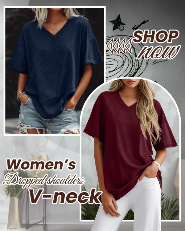 3 Pack Oversized Waffle Knit Tops for Women V Neck Half Sleeve Shirts Casual Drop Shoulder Tunic Top Blouses