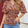 Womens Floral Print Ruffle Half Sleeve Blouses V Neck Decorative Buttons Elastic Waist Casual Summer Tops
