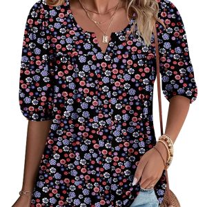 Womens Puff Half Sleeve Summer Tunic Tops Casual Chest Pleated Shirts Work Blouse for Women Dressy