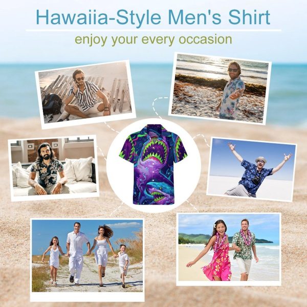 Mens Hawaiian Shark Shirts Short Sleeve Button Up Beach Summer Button Down Hawaiian Trippy Shirt for Men Women
