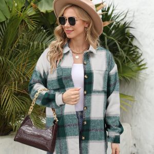Women's Brushed Plaid Shirts Long Sleeve Flannel Lapel Button Down Cardigan Boyfriend Shacket Jacket Coats