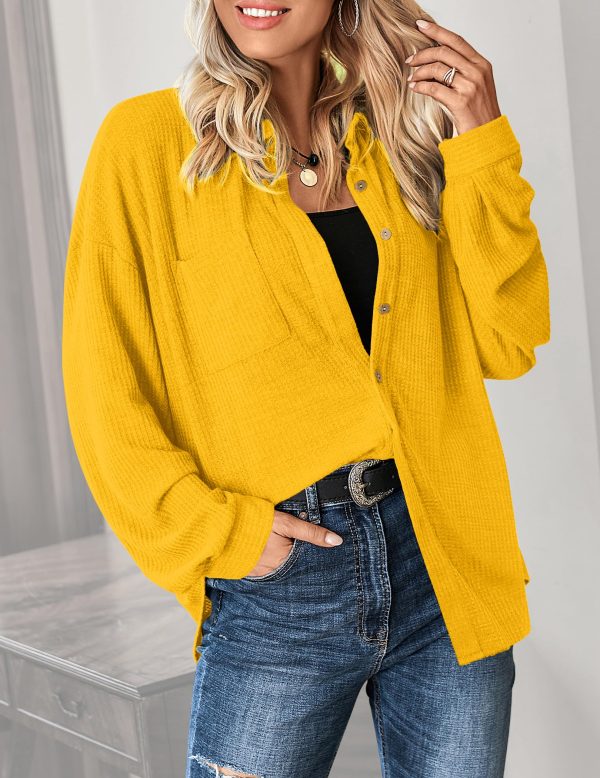 Waffle Knit Button Down Shirts for Women Dressy Casual Work Tops Long Sleeve Loose Fit Shacket with Pocket