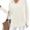 Womens Long Sleeve Quarter Zip Pullover Sweater Casual Loose V Neck Collared Ribbed Knit Jumper Tops Thumb Hole