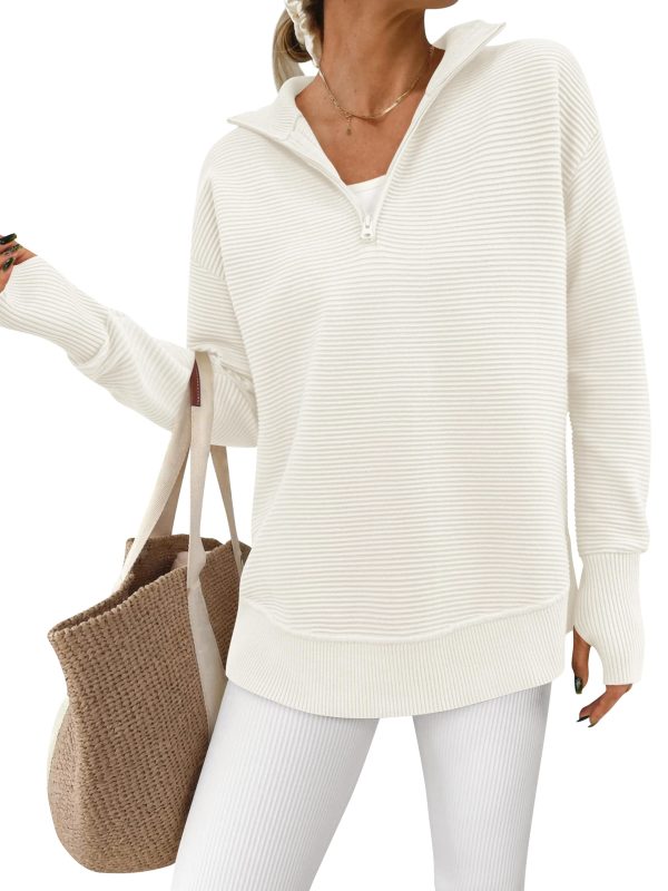 Womens Long Sleeve Quarter Zip Pullover Sweater Casual Loose V Neck Collared Ribbed Knit Jumper Tops Thumb Hole