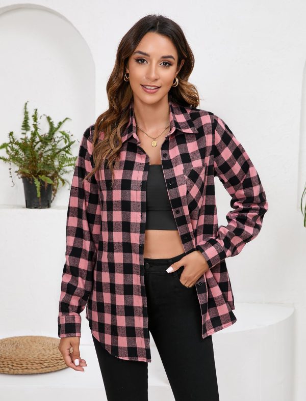Plaid Shirts for Women Casual Button Down Flannel Shirt Plus Size Roll Up Long Sleeve Checkered Blouse Tops