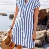 Women's Stripes Print Loose Fit Tunic Dress Button Down Casual Shirt Dress Notch Neck Short Sleeve Dress