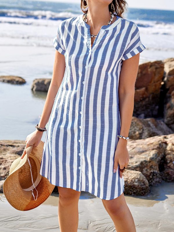 Women's Stripes Print Loose Fit Tunic Dress Button Down Casual Shirt Dress Notch Neck Short Sleeve Dress