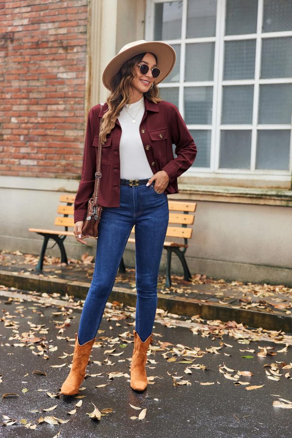Womens Fashion Cropped Shackets Corduroy Button Down Crop Jackets Tops Long Sleeve Shirts Trendy 2025