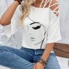 Women's Figure Graphic Tees Criss Cross Cut Out Half Sleeve T Shirt Summer Tops