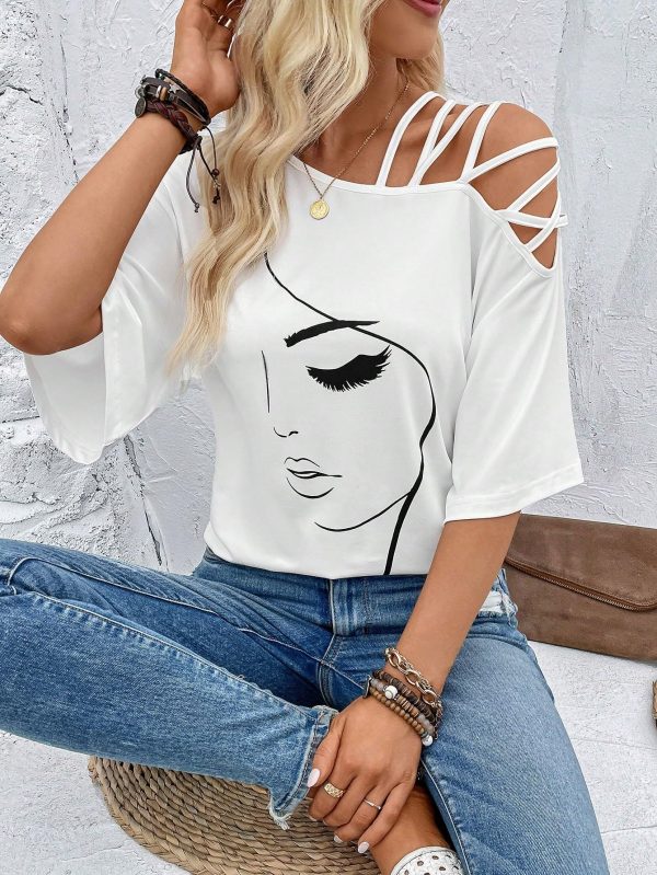Women's Figure Graphic Tees Criss Cross Cut Out Half Sleeve T Shirt Summer Tops