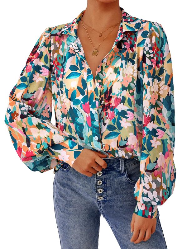 Women's Floral Blouses Dressy Casual V Neck Button Down Shirts Lantern Long Sleeve Boho Chiffon Spring Tops 2025