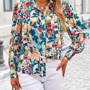 Women's Floral Blouses Dressy Casual V Neck Button Down Shirts Lantern Long Sleeve Boho Chiffon Spring Tops 2025