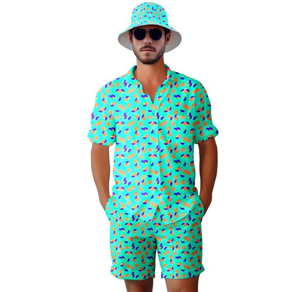 Mens 2 Piece Tracksuit Hawaiian Shirt for Men Button Down Shirts Shorts Rave Outfits with Bucket Hats