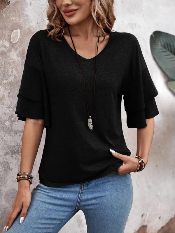Womens Blouses Ruffle Short Sleeve T Shirts V Neck Double Tiered Bell Sleeve Top Spring Summer Fashion Clothes Cute Tunic