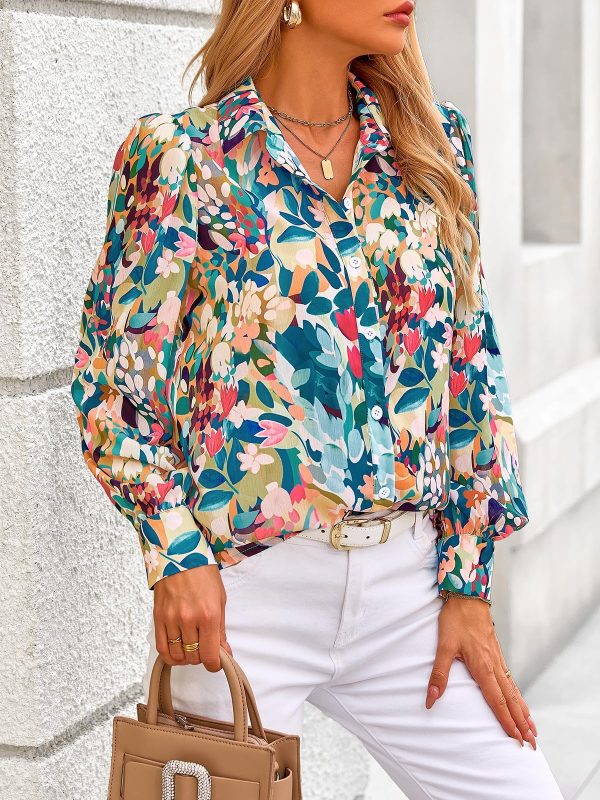 Women's Floral Blouses Dressy Casual V Neck Button Down Shirts Lantern Long Sleeve Boho Chiffon Spring Tops 2025