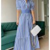 Women's Striped Button Down Shirt Dress Puff Short Sleeve Ruffle Hem Flowy Maxi Long Dress with Belt