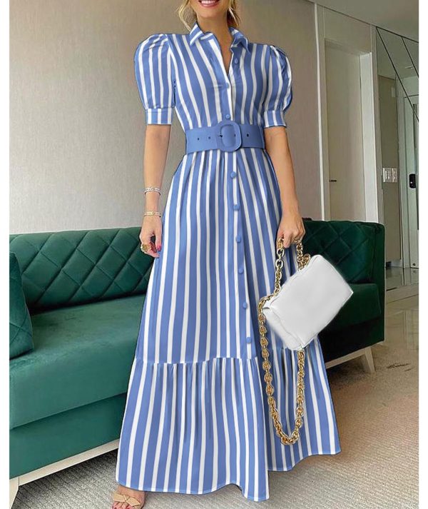 Women's Striped Button Down Shirt Dress Puff Short Sleeve Ruffle Hem Flowy Maxi Long Dress with Belt
