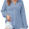 Women Waffle Knit Tops Henley Shirts Long Sleeve V Neck Solid Color Casual Tunic