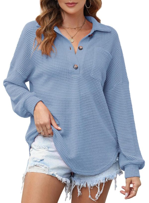 Women Waffle Knit Tops Henley Shirts Long Sleeve V Neck Solid Color Casual Tunic