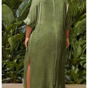 Women's Plus Size Swimwear V Neck Half Sleeve Split Side Cover Up Beach Dress