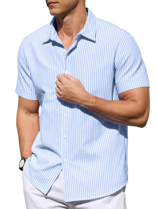 Men's Casual Button Down Shirts Short Sleeve Striped Cotton Beach Summer Vacation Shirt