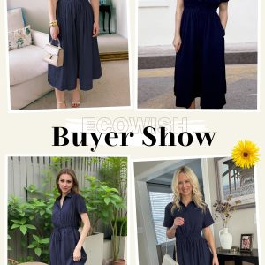 Womens Midi Dress Short Sleeve V Neck Button Front Casual Flowy A-Line Shirt Dresses with Pockets for Summer Spring